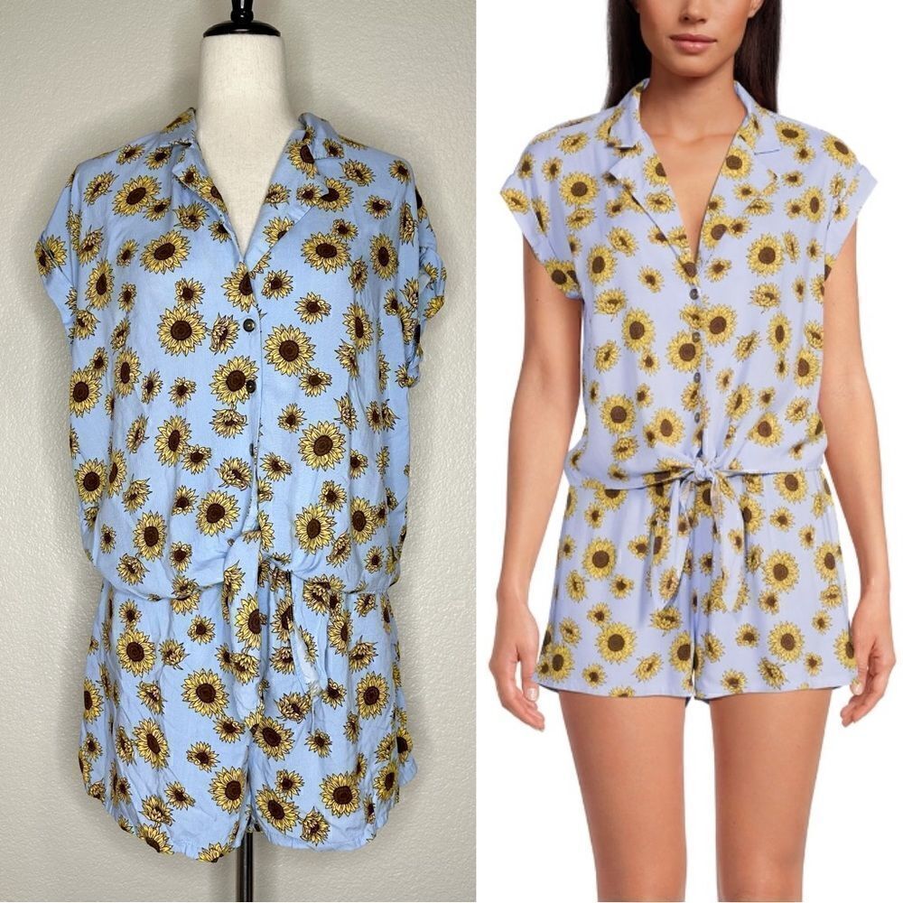No Boundaries Blue Sunflower Tie Front Shirt & Short Set